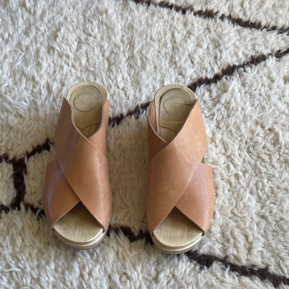 No. 6 tan leather clog sandals